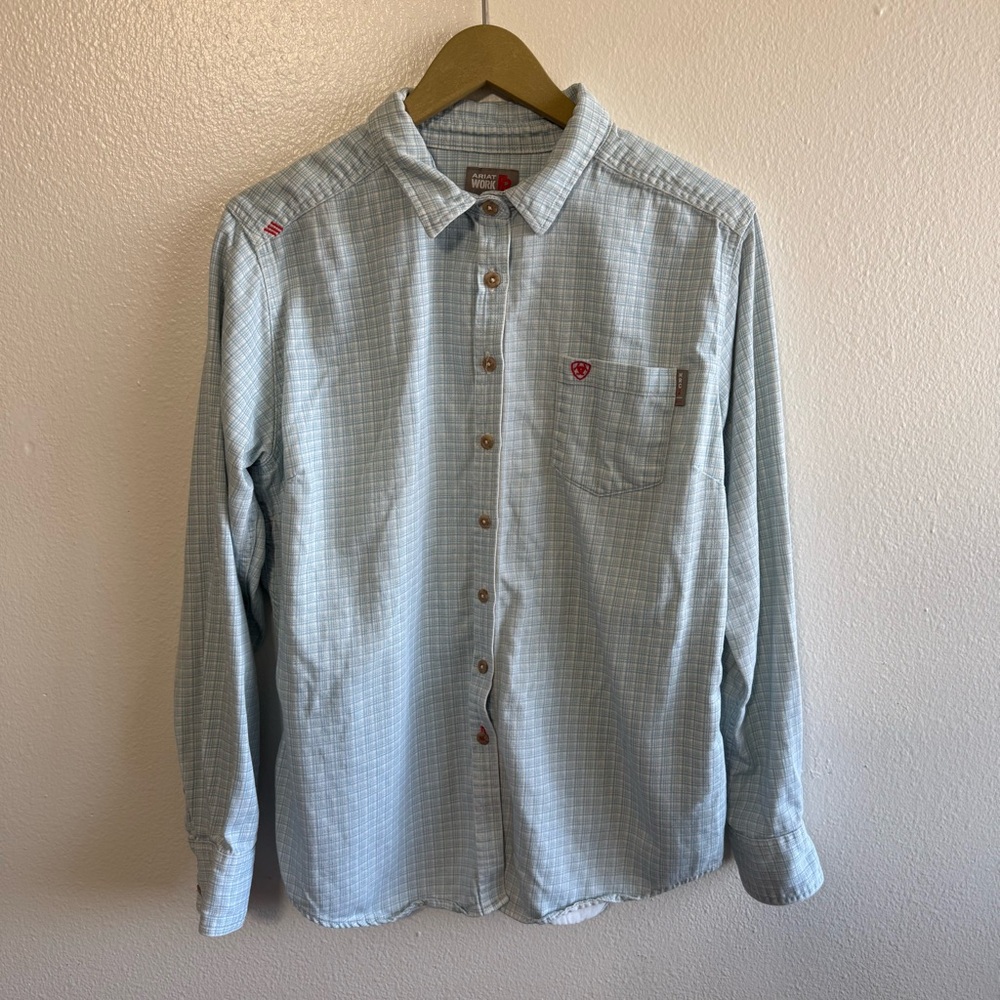 Ariat FR Women’s XL Blue White Plaid Long Sleeve Button Up Shirt Cowgirl Western